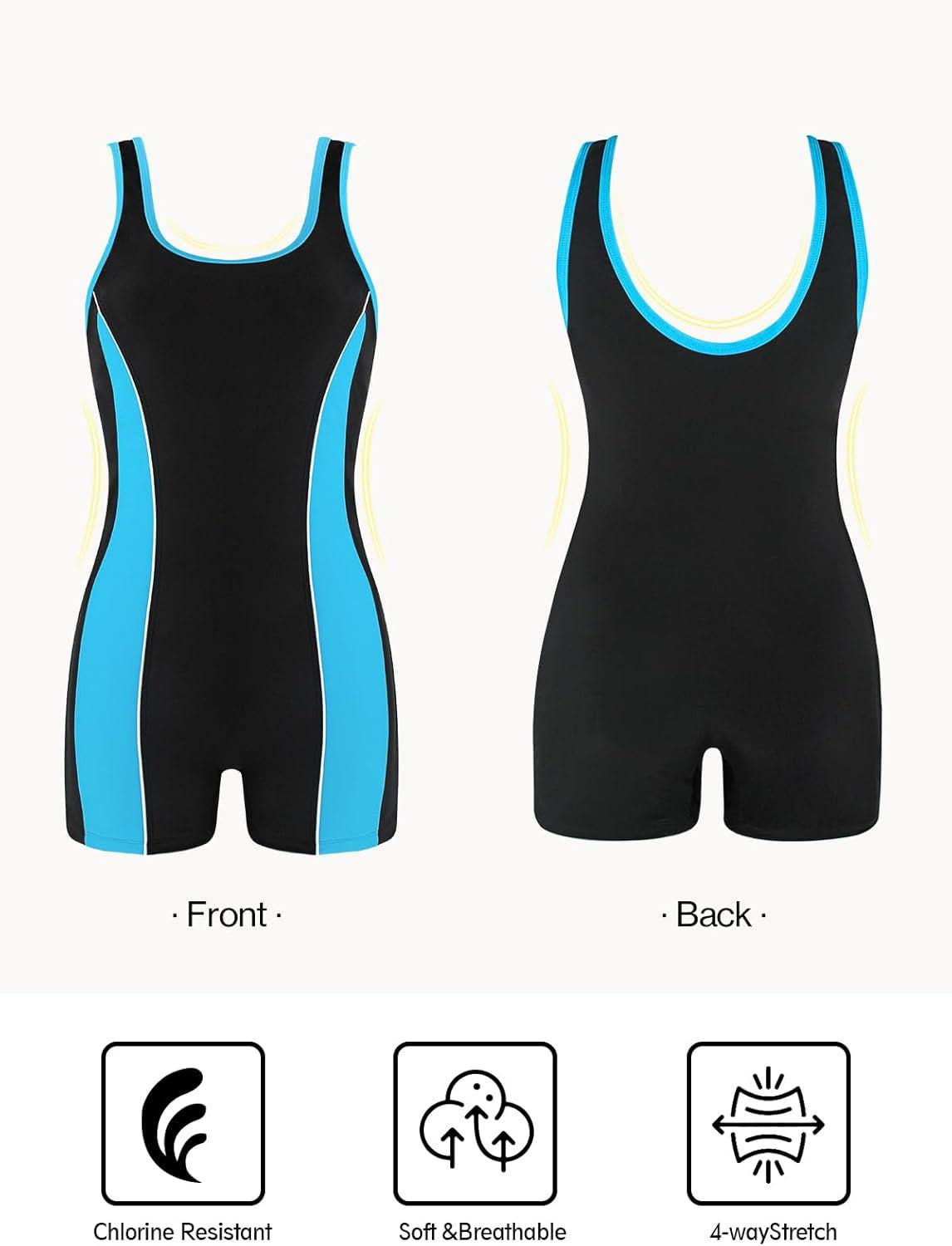 image:imageOcean Blues Womens Boyshort Swimsuit with Builtin Bra Active One Piece Bathing Suit Modest Athletic SwimwearBlue