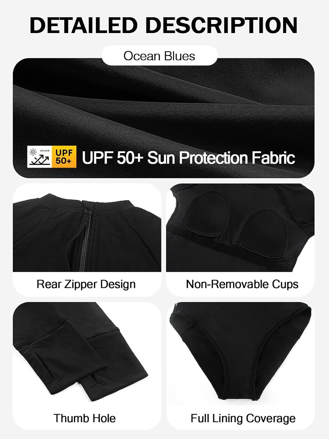 image:imageOcean Blues Womens Lond Sleeves One Piece Bathing Suit Sun Protection Swimwear UV UPF 50 Rash Guard Zipper SwimsuitBlack
