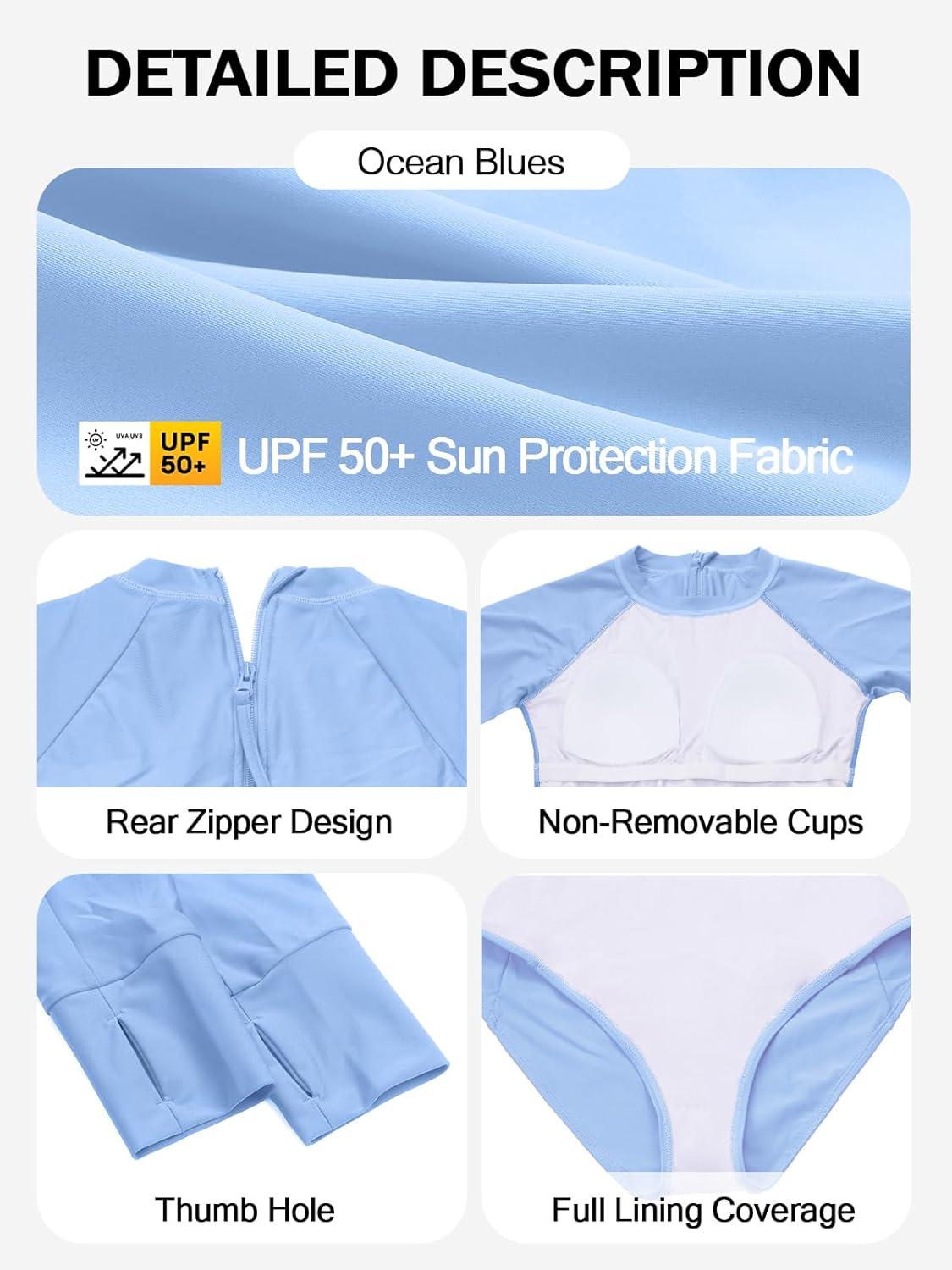 image:imageOcean Blues Womens Lond Sleeves One Piece Bathing Suit Sun Protection Swimwear UV UPF 50 Rash Guard Zipper SwimsuitSea Blue