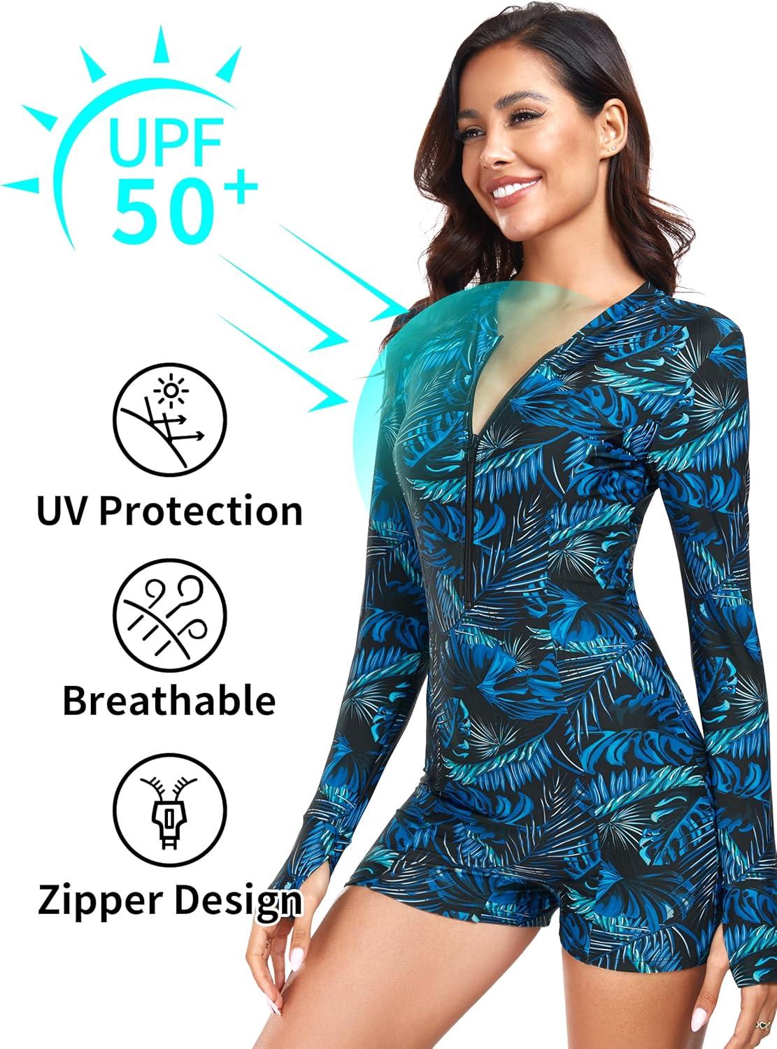 image:imageOcean Blues Womens Long Sleeve One Piece Bathing Suit Athletic Boyleg One Piece Swimsuit UPF 50 Sun Protection Rash GuardBlue Leaf