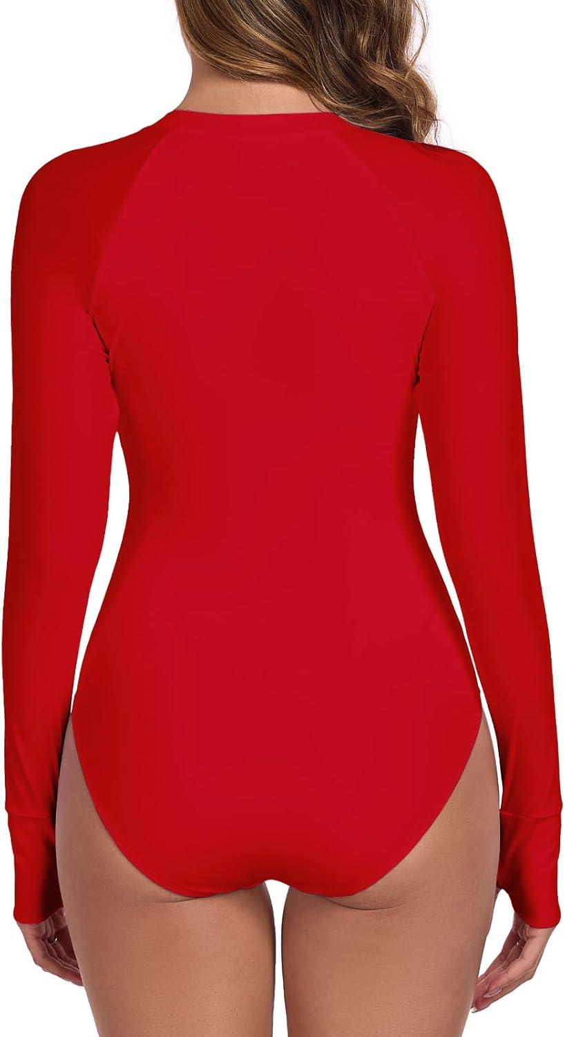image:imageOcean Blues Womens Long Sleeve Rash Guard Printed Surfing Swimsuit Zipper One Piece Bathing SuitRed