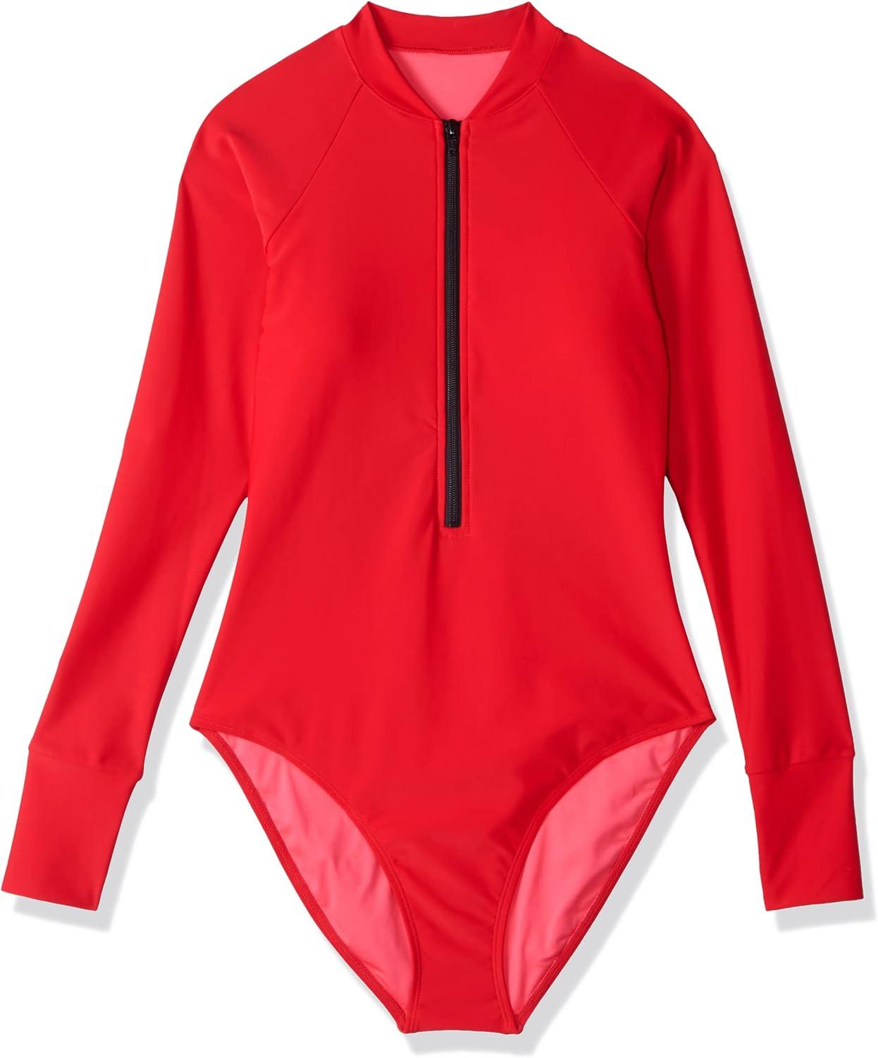 image:imageOcean Blues Womens Long Sleeve Rash Guard Printed Surfing Swimsuit Zipper One Piece Bathing SuitRed