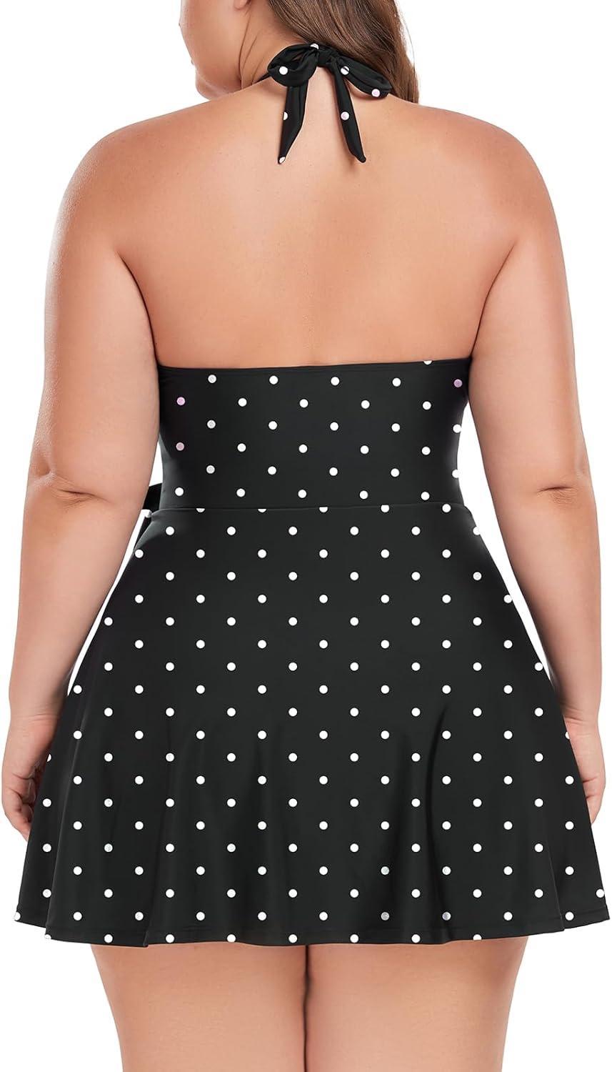 image:imageOcean Blues Womens Plus Size VNeck One Piece Swimdress Halter Wrap Swimsuit Tummy Control One Piece Skirt Bathing SuitBlack Polka Dot