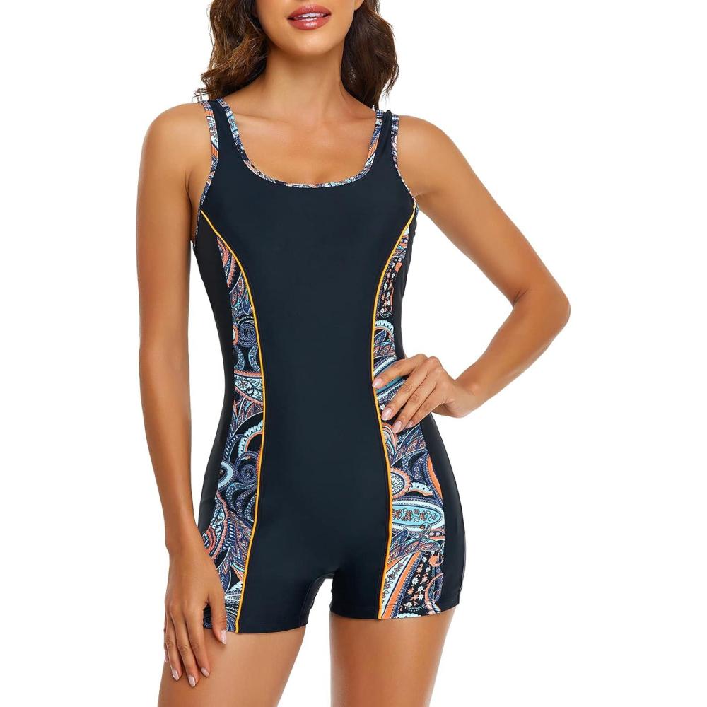 image:imageOcean Blues Womens Boyshort Swimsuit with Builtin Bra Active One Piece Bathing Suit Modest Athletic SwimwearBlue Orange Pattern