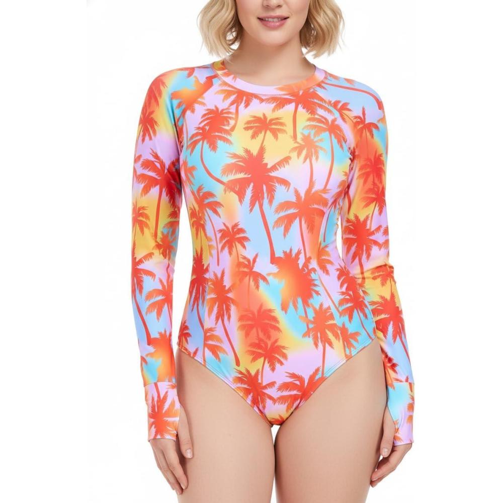 image:imageOcean Blues Womens Lond Sleeves One Piece Bathing Suit Sun Protection Swimwear UV UPF 50 Rash Guard Zipper SwimsuitLeaf Print