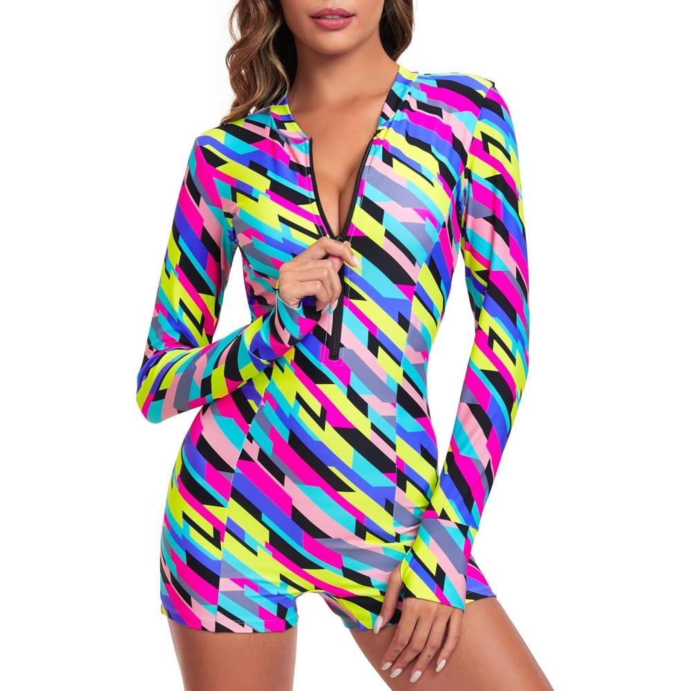 image:imageOcean Blues Womens Long Sleeve One Piece Bathing Suit Athletic Boyleg One Piece Swimsuit UPF 50 Sun Protection Rash GuardNeon Striped