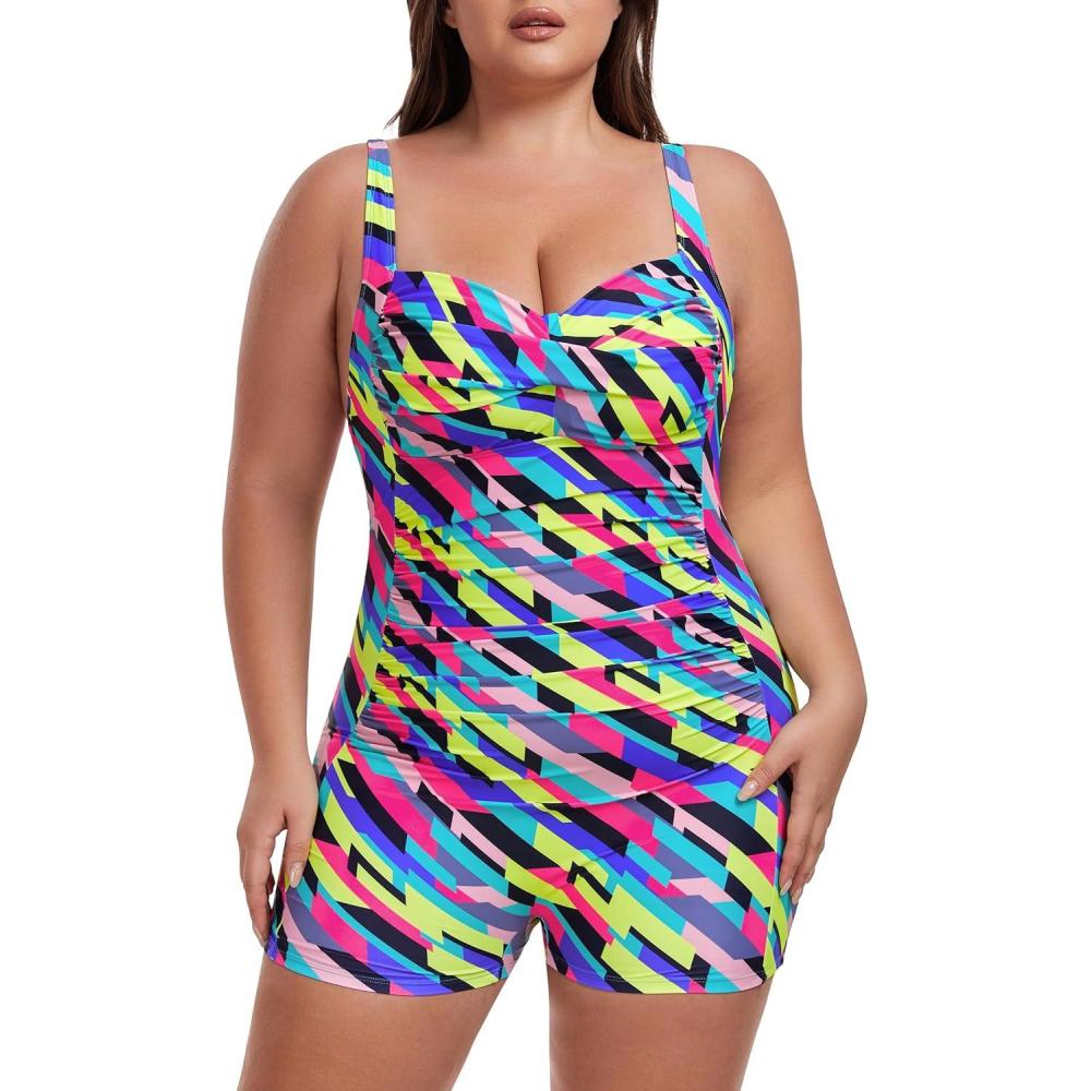 image:imageOcean Blues Womens Plus Size Boyleg One Piece Bathing Suit Tummy Control Retro One Piece SwimsuitNeon Striped