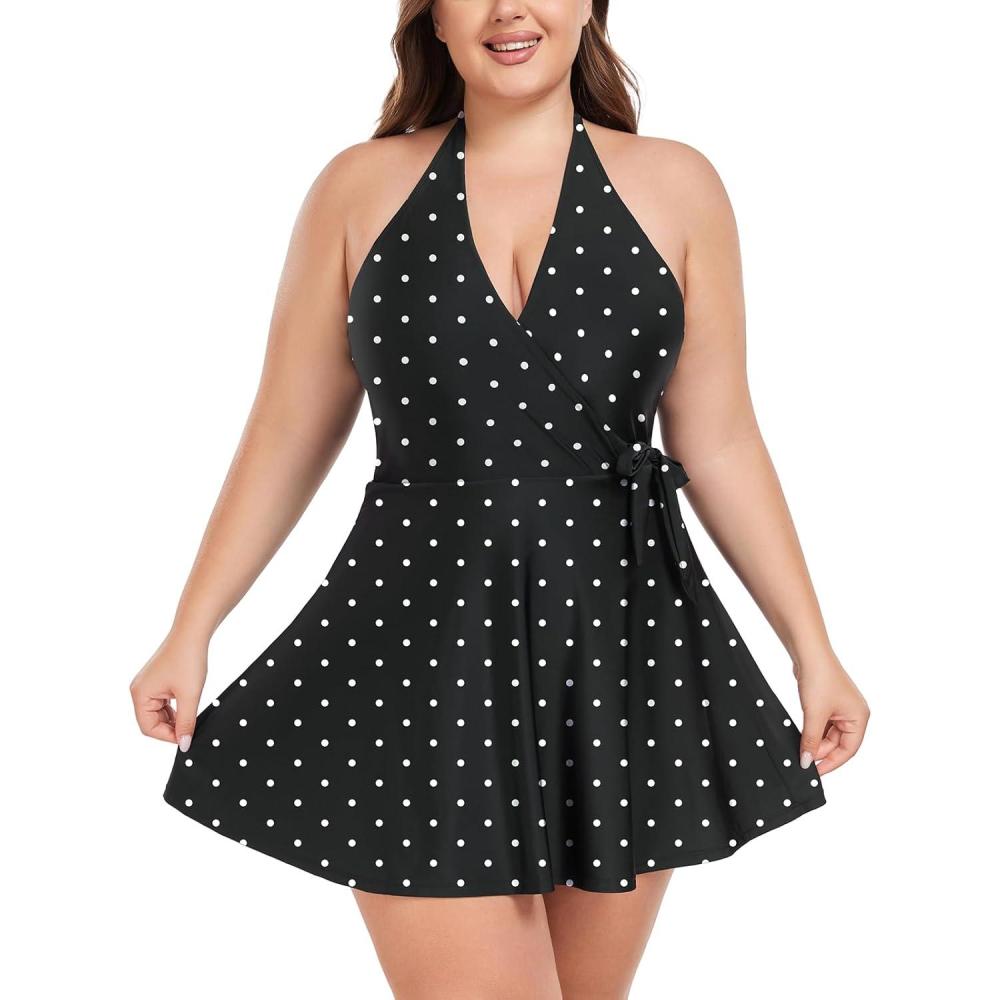 image:imageOcean Blues Womens Plus Size VNeck One Piece Swimdress Halter Wrap Swimsuit Tummy Control One Piece Skirt Bathing SuitBlack Polka Dot