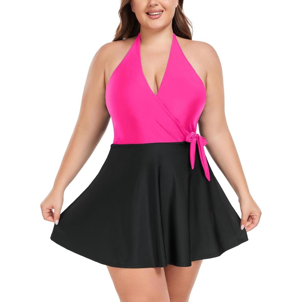 image:imageOcean Blues Womens Plus Size VNeck One Piece Swimdress Halter Wrap Swimsuit Tummy Control One Piece Skirt Bathing SuitHot Pinkblack