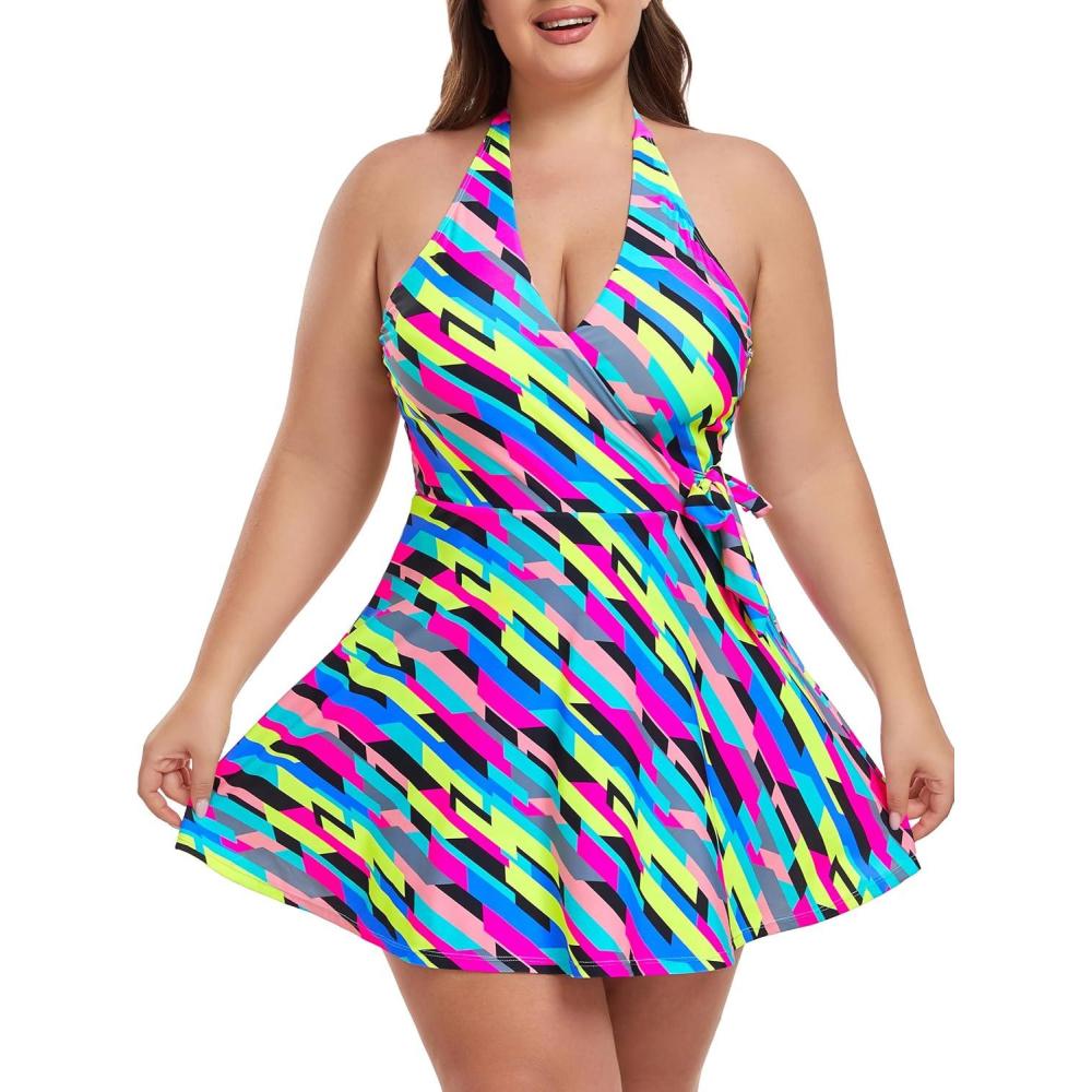 image:imageOcean Blues Womens Plus Size VNeck One Piece Swimdress Halter Wrap Swimsuit Tummy Control One Piece Skirt Bathing SuitNeon Striped