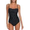 Ocean Blues Women’s Bandeau One Pieces Swimsuit Molded Cups Shirring Tummy Control Bathing Suit(Black Polka Dot)