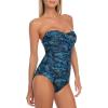 Ocean Blues Women’s Bandeau One Pieces Swimsuit Molded Cups Shirring Tummy Control Bathing Suit(Blue Leaf)