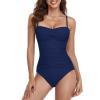 Ocean Blues Women’s Bandeau One Pieces Swimsuit Molded Cups Shirring Tummy Control Bathing Suit(Navy Blue)