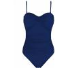 Ocean Blues Women’s Bandeau One Pieces Swimsuit Molded Cups Shirring Tummy Control Bathing Suit(Navy Blue)