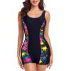 Ocean Blues Women’s Boyshort Swimsuit with Built-in Bra Active One Piece Bathing Suit Modest Athletic Swimwear(Color Block)