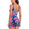 Ocean Blues Women’s Boyshort Swimsuit with Built-in Bra Active One Piece Bathing Suit Modest Athletic Swimwear(Colorful Leaves)
