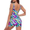 Ocean Blues Women’s Boyshort Swimsuit with Built-in Bra Active One Piece Bathing Suit Modest Athletic Swimwear(Neon Striped)