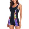 Ocean Blues Women’s Boyshort Swimsuit with Built-in Bra Active One Piece Bathing Suit Modest Athletic Swimwear(Purple Leopard)