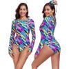 Ocean Blues Women’s Lond Sleeves One Piece Bathing Suit Sun Protection Swimwear UV UPF 50+ Rash Guard Zipper Swimsuit(Neon Striped)