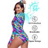 Ocean Blues Women’s Lond Sleeves One Piece Bathing Suit Sun Protection Swimwear UV UPF 50+ Rash Guard Zipper Swimsuit(Neon Striped)