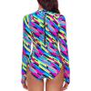 Ocean Blues Women’s Lond Sleeves One Piece Bathing Suit Sun Protection Swimwear UV UPF 50+ Rash Guard Zipper Swimsuit(Neon Striped)