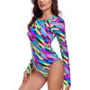 Ocean Blues Women’s Lond Sleeves One Piece Bathing Suit Sun Protection Swimwear UV UPF 50+ Rash Guard Zipper Swimsuit(Neon Striped)