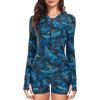 Ocean Blues Women’s Long Sleeve One Piece Bathing Suit Athletic Boyleg One Piece Swimsuit UPF 50+ Sun Protection Rash Guard(Blue Leaf)