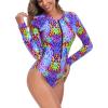 Ocean Blues Women’s Long Sleeve Rash Guard Printed Surfing Swimsuit Zipper One Piece Bathing Suit(Purple Leopard)