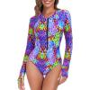 Ocean Blues Women’s Long Sleeve Rash Guard Printed Surfing Swimsuit Zipper One Piece Bathing Suit(Purple Leopard)