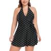 Ocean Blues Women’s Plus Size V-Neck One Piece Swimdress Halter Wrap Swimsuit Tummy Control One Piece Skirt Bathing Suit(Black Polka Dot)