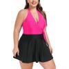 Ocean Blues Women’s Plus Size V-Neck One Piece Swimdress Halter Wrap Swimsuit Tummy Control One Piece Skirt Bathing Suit(Hot Pink+black)