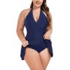 Ocean Blues Women’s Plus Size V-Neck One Piece Swimdress Halter Wrap Swimsuit Tummy Control One Piece Skirt Bathing Suit(Navy Blue)