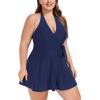 Ocean Blues Women’s Plus Size V-Neck One Piece Swimdress Halter Wrap Swimsuit Tummy Control One Piece Skirt Bathing Suit(Navy Blue)