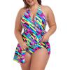 Ocean Blues Women’s Plus Size V-Neck One Piece Swimdress Halter Wrap Swimsuit Tummy Control One Piece Skirt Bathing Suit(Neon Striped)