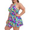 Ocean Blues Women’s Plus Size V-Neck One Piece Swimdress Halter Wrap Swimsuit Tummy Control One Piece Skirt Bathing Suit(Neon Striped)