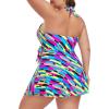 Ocean Blues Women’s Plus Size V-Neck One Piece Swimdress Halter Wrap Swimsuit Tummy Control One Piece Skirt Bathing Suit(Neon Striped)