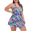 Ocean Blues Women’s Plus Size V-Neck One Piece Swimdress Halter Wrap Swimsuit Tummy Control One Piece Skirt Bathing Suit(Neon Striped)