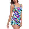 Ocean Blues Women’s Boyshort Swimsuit with Built-in Bra Active One Piece Bathing Suit Modest Athletic Swimwear(Neon Striped)