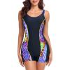 Ocean Blues Women’s Boyshort Swimsuit with Built-in Bra Active One Piece Bathing Suit Modest Athletic Swimwear(Purple Leopard)