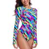Ocean Blues Women’s Lond Sleeves One Piece Bathing Suit Sun Protection Swimwear UV UPF 50+ Rash Guard Zipper Swimsuit(Neon Striped)