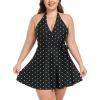 Ocean Blues Women’s Plus Size V-Neck One Piece Swimdress Halter Wrap Swimsuit Tummy Control One Piece Skirt Bathing Suit(Black Polka Dot)