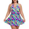 Ocean Blues Women’s Plus Size V-Neck One Piece Swimdress Halter Wrap Swimsuit Tummy Control One Piece Skirt Bathing Suit(Neon Striped)