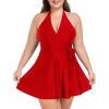 Ocean Blues Women’s Plus Size V-Neck One Piece Swimdress Halter Wrap Swimsuit Tummy Control One Piece Skirt Bathing Suit(Red)