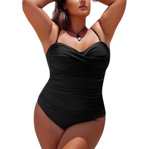 Ocean Blues Women’s Bandeau One Pieces Swimsuit Molded Cups Shirring Tummy Control Bathing Suit(Black)