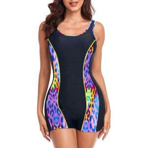 Ocean Blues Women’s Boyshort Swimsuit with Built-in Bra Active One Piece Bathing Suit Modest Athletic Swimwear(Purple Leopard)