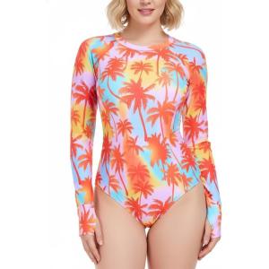 Ocean Blues Women’s Lond Sleeves One Piece Bathing Suit Sun Protection Swimwear UV UPF 50+ Rash Guard Zipper Swimsuit(Leaf Print)