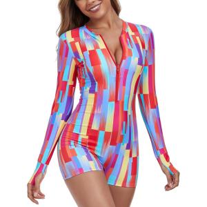 Ocean Blues Women’s Long Sleeve One Piece Bathing Suit Athletic Boyleg One Piece Swimsuit UPF 50+ Sun Protection Rash Guard(Colorful Blocks)