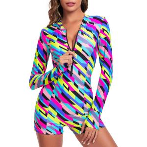 Ocean Blues Women’s Long Sleeve One Piece Bathing Suit Athletic Boyleg One Piece Swimsuit UPF 50+ Sun Protection Rash Guard(Neon Striped)