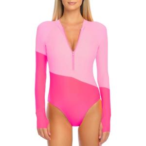 Ocean Blues Women’s Long Sleeve Rash Guard Printed Surfing Swimsuit Zipper One Piece Bathing Suit(Fuchsia & Hot Pink)
