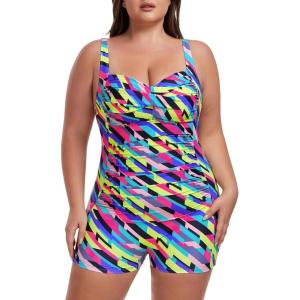 Ocean Blues Women’s Plus Size Boyleg One Piece Bathing Suit Tummy Control Retro One Piece Swimsuit(Neon Striped)